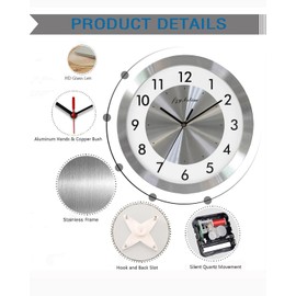 Fzy.bstim Silent Non-Ticking Modern Wall Clocks Battery Operated Sliver Round Easy to Read Home/Office/Kitchen/Classroom/School Clock Sweep Movement,12 Inch