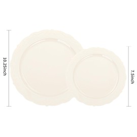 U-QE 100 Pieces Ivory Plastic Plates for Thanksgiving - Ivory Disposable Plastic Plates - Heavy Duty Thanksgiving Plates Disposable Use Including 50 Dinner Plates 10.25 '' & 50 Dessert Plates 7.5 ''