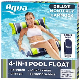Aqua 4-in-1 Deluxe Monterey, Resort-Quality Pool Float and Water Hammock,Multi-Purpose, Inflatable Pool Floats for Adults with Thick, Durable Material, Navy/Green Stripe