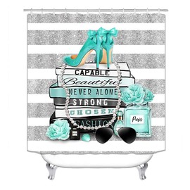 OLEBETY 4PCS Silver and White Striped Shower Curtain Sets with Rugs, Waterproof Fabric Shower Curtain, Positive Quotes Teal High Heels Mint Green Floral Perfume Makeup Modern Fashion Bathroom Decor
