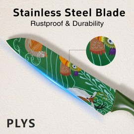 Plys Kitchen Knife Set - 2 Piece Animal Coated Knife Set, Stainless Steel Paring Knife, Santoku Knife Set with Ergonomic Plastic Handles (Dark Green)