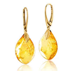 Natural Amber Earrings for Women - Gold Plated Silver Closure 925, Sparkling Polished Drop Amber, Lightweight Natural Semi Precious Stone, Dainty Jewelry for Ladies