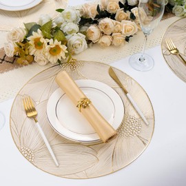 Evevda Gold Vinyl Placemats Set of 6 Flower Placemats Round 15 inch Dining Table Mats for Kitchen Tables Restaurants Dinners Weddings Gatherings
