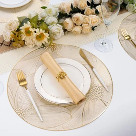 Evevda Gold Vinyl Placemats Set of 6 Flower Placemats Round 15 inch Dining Table Mats for Kitchen Tables Restaurants Dinners Weddings Gatherings