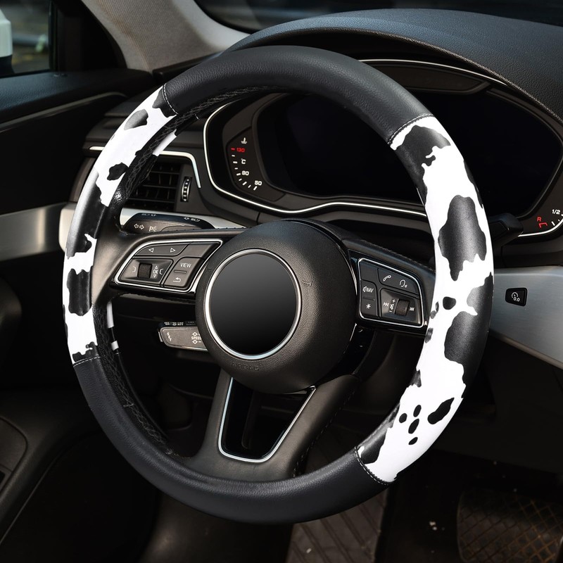 Cow Print Steering Wheel Cover, Universal 14.5-15 inch Breathable Microfiber