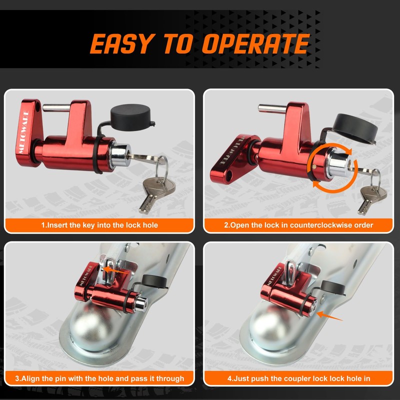 METOWARE Trailer Tongue Coupler Lock with All-Weather Rubber Cap, 1/4"