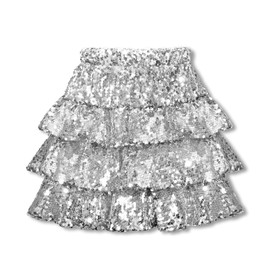 WELAKEN Sparkle Sequin Skirt for Girls Kids Elastic Waist Three Layer Ruffle Skirt Silver
