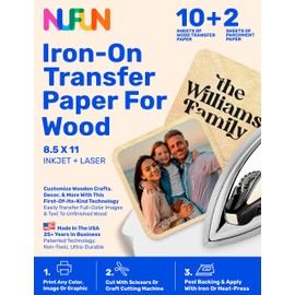 NuFun Activities Printable Iron-on Heat Transfer Paper for Wood, 10 Sheets 8.5 x 11 inch, Long Lasting, Durable, Professional Quality, Easy DIY, Non-Toxic, Made in The USA