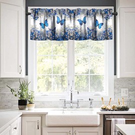 YSWOW Butterfly Valance Kitchen Curtain Blue White Roses Flower Art Printed Valance for Little Girls Bedroom Living Room Decor W54xL18in Fabric 1 Panel