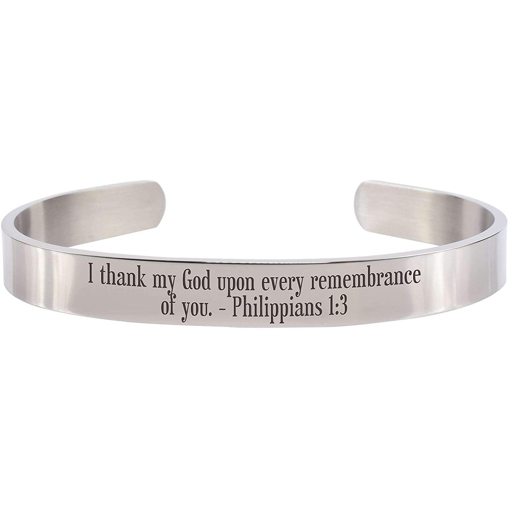 Pink Box 8MM Solid Stainless Steel Scripture Cuffs - Philippians 1:3 - Silver -