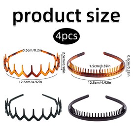 4Pcs Plastic Tooth Hair Comb Headband, Zig Zag Headbands, Comfort Wavy Toothed Hairband, Hard Headbands for Women Men Girls, 4 Styles