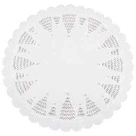 Linens, Art and Things Embroidered Christmas Holiday Snowy Silver Christmas Tree Scene on Ivory Round Table Topper Small Tablecloth Table Centerpiece (33 Inch Round)