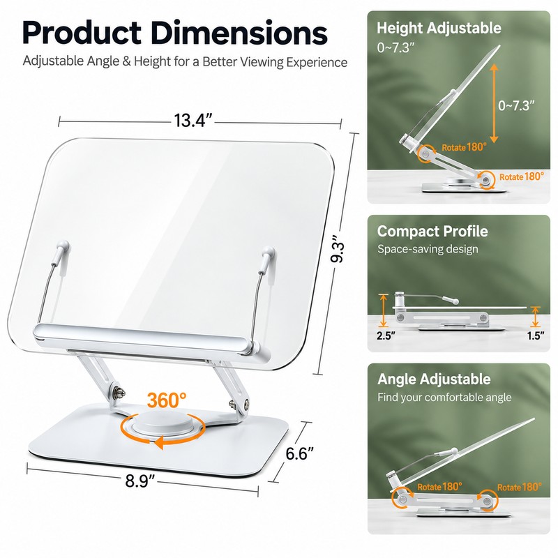 Adjustable Book Stand for Reading – 360° Rotating Foldable Desktop
