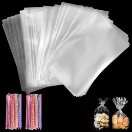 FINEASY Transparent Candy Bags, Cellophane Bags, Small with Metallic Ties, Candy Bar Bags, Cellophane Bags for Children's Birthday Party Bags, Party Bags, Party Favours (10 x 15 cm, Pack of 200)
