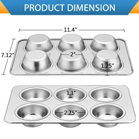 Muffin Pan Set of 2, E-far Stainless Steel Muffin Pan Tin for Baking, 6-Cup Metal Cupcake Pan Tray, Non-toxic & Healthy, Oven & Dishwasher Safe, Regular Size - 11.44 x 7.12 x 1.25 inch