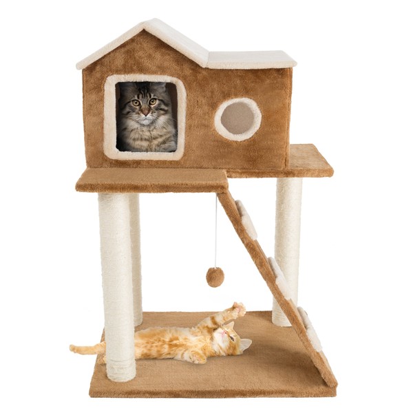 35in Cat Tree with Climb-Up Ladder, Cat Condo, 3 Sisal