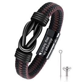 YOUFENG Urn Bracelet for Human Ashes Leather Cremation Brown Knot Bracelet Stainless Steel Keepsake Cuff Bangle Jewelry for Men