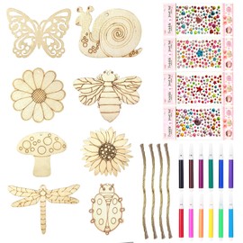 YFPOPONE 48-Piece Butterfly Craft Set, 32 Pieces Butterfly Wood with 12 Pieces Watercolour Pens and 4 Pieces Gemstone Stickers, Children's Birthday Crafts for DIY, Craft Set Children for Children's