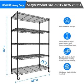 KKN 5-Tier Adjustable Storage Shelving Unit, Heavy Duty Steel Wire Rack with Wheels and Adjustable Feet for Pantry, Garage, Bakers Rack Kitchen Shelving (350 lbs/Shelf)