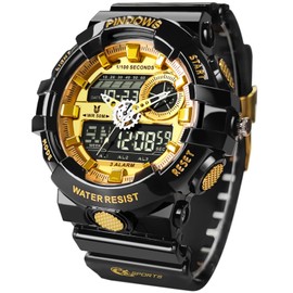 PINDOWS Men's Watch, Transparent Gold Analog Digital Dual Time 50m Waterproof, with LED Backlight Multi-Function Alarm Stopwatch, Ideal for Sports, Outdoor Activities, and Everyday Use, Modern