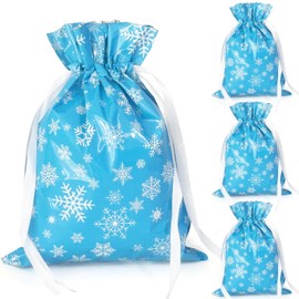 4 Pack Christmas Gifts Bags,24 * 32cm DXTXTJ Christmas Wrapping Bags,Bright Blue White Christmas Drawstring Gift Bags Multipack, Snowflake Reusable Gift Bags for Presents Xmas Party