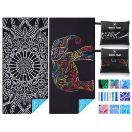 2 Pack Lightweight Thin Beach Towel Oversized 71"x32" Big Extra Large Microfiber Sand Free Towels for Adult Quick Dry Travel Camping Beach Accessories Vacation Essential Gift Black Mandala Elephant