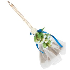 SISIMER Wedding Brooms for African Jumping Ceremony, Decorative Brooms DIY Wedding Decor, White Tulle Accents with Pearl Blue Ribbon Artificial Flower Bouquets