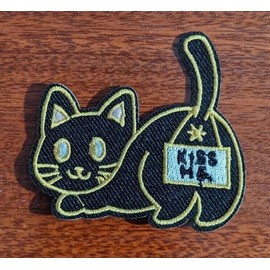 Unbranded Kiss Me Kitty Black Cat Sexy Humor Embroidered Iron On Small Patch 1.5x2.5"