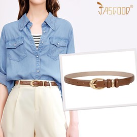 JASGOOD 2 Pack Women Leather Belt for Jeans Pants Fashion Ladies Skinny Faux Leather Dress Belt with Gold Buckle(Black+Brown)