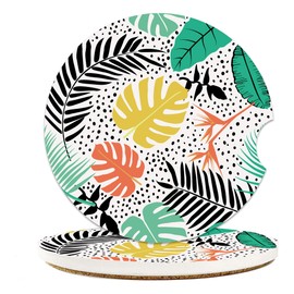 Tropical Plants Car Coasters for Cup Holders, Car Accessories, 2 Pack Absorbent Ceramic Car Cup Holder Coasters for Drinks, for Women Men, Universal Non-Slip with Finger Notch