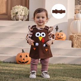 Adobabirl My First Thanksgiving Baby Girl Outfit Turkey Ruffle Long Sleeve Romper Overall Dress Headband Cute Fall Clothes (Gobble Turkey-Brown, 6-12 Months)