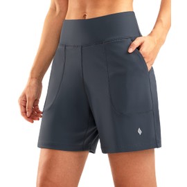 SANTINY - Pantalones cortos largos deportivos de 6 pulgadas con 4 bolsillos para mujer, pantalones cortos de cintura alta, para caminar, correr, casual, Azul (Dusty Blue), X-Small
