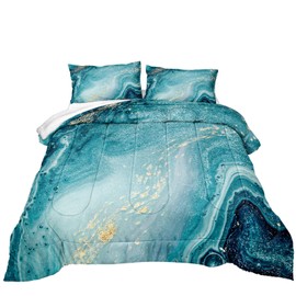 Bedbay Teal Marble Comforter Set Marble Duvet Set Teal Blue Marble Texture Design Soft Microfiber Filling Blue Gold Comforter Queen 1 Comforter 2 Pillowcases(Blue, Queen)