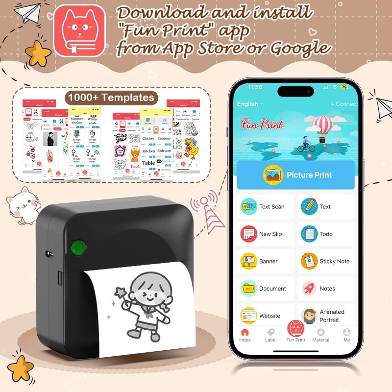 HuiJuKeJi Mini Thermal Inkless Printer,Smart Bluetooth Pocket Printer with 1