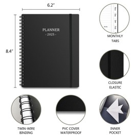 Planner 2025, Weekly Planner Runs Jan 2025 to Dec 2025, 2025 Planner with Sturdy PP Cover, Weekly Planner 2025, Laminated Tabs, Twin Wire Binding, Elastic Bond, Black A5 Weekly Monthly Planners 2025