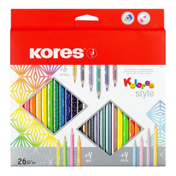 Kores - Kolores Style: 26 Coloured Pencils for Kids, Beginners and Adults, Metallic and Neon Shades for White, Dark and Craft Paper, School Supplies, Set of 26 Assorted Colours