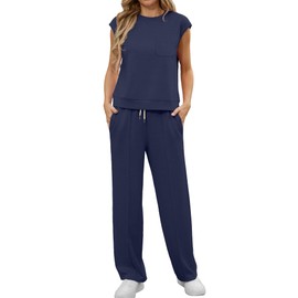 GRECERELLE Two-Piece Women's Elegant Leisure Suit, Women's Outfit, Short Sleeve Jogger Tracksuit Set, Sweatshirt & Jogging Bottoms, navy