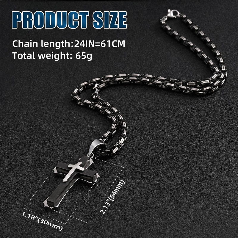FLHEART Byzantine Cross Necklace for Men, Black Silver Stainless Steel