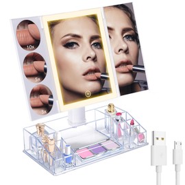 Trifold Makeup Mirror with Lights and Magnification 3X, 5X, 10X, Clear Cosmetic Storage Organizer, 3 Way Lighted Vanity Mirror, 3 Color Changing Dimming Touch Tabletop Mirror