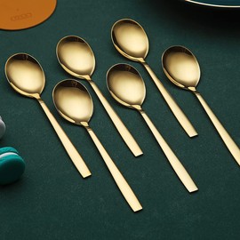 Golden Dinner Spoons 6 Pieces, Kyraton 19cm Stainless Steel Titanium Plating Gold Table Spoons, Dessert Spoons, Cutlery Spoons Set, Dishwasher Safe.