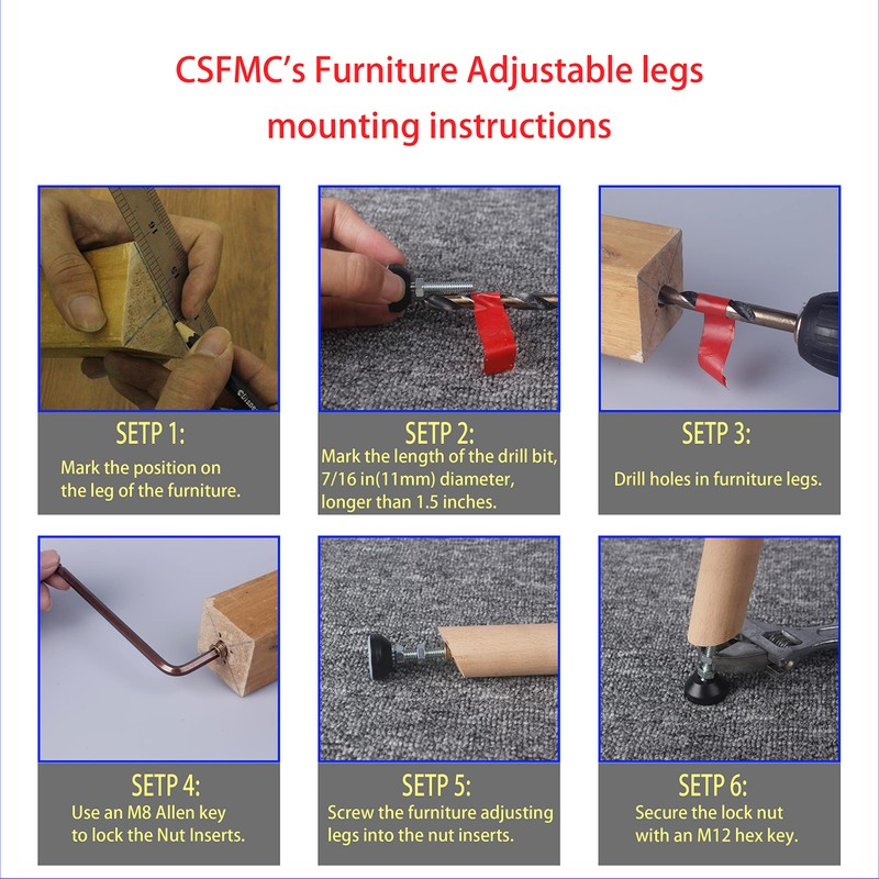 CSFMC Furniture Leveler Swivel Feet (35mm 5/16-18,8 Pack) PTFE(Teflon) Bottom,Threaded