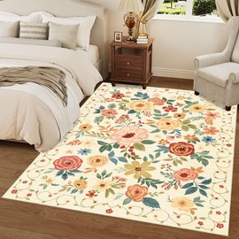 DUKINO 6x9 Area Rug, Floral Rugs for Living Room, Lightweight Non Slip Washable Rug, Indoor Low Pile & Non-Shedding Boho Design Rugs for Bedroom, Living Room, Dining Room, Beige Yellow