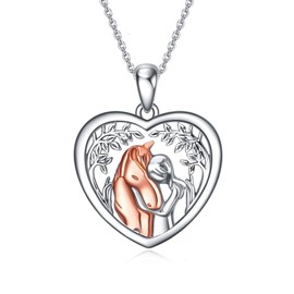 YFN 925 Sterling Silver Horse Pendant Necklace Girls Hug Horse Gift for Girls Boys Horse Lovers (Rose Horse with Tree Chain), Sterling Silver, rose horse