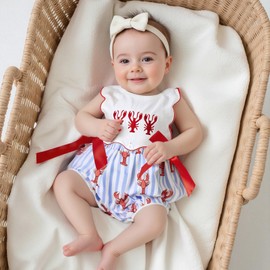 Newborn Baby Girl Crawfish Clothes Lobster Embroidery Smocked Bubble Romper Summer Ruffle Sleeve Bodysuit Jumpsuit (Ivory, 12-18 Months)