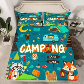 Happy Camping Sheet Set Camper Kids Bed Sheets Set For Boys Teens Adult Bedroom, Cartoon Rv Camping Sheets Fox Cute Animal Bed Set For Travel Trailers, 1 Flat Sheet 1 Fitted Sheet 2 Pillowcases, Full