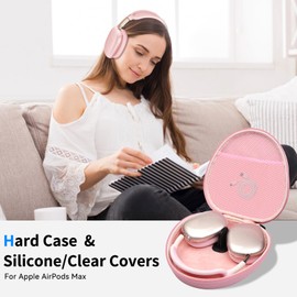 Hard Case for AirPods Max Supports Sleep Mode, Travel Carrying Headphone Case with AirPods Max Clear Ear Cups Cover/Silicone Earpad Case/Headband Cover,AirPod Max Protective Portable Storage Bag, Pink