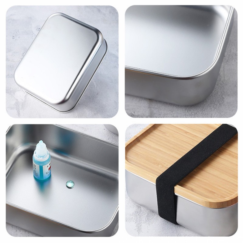 Stainless Steel Bento Lunch Box Metal Containers Wood Lid with