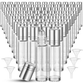 Sumind 150 Pcs Essential Oil Roller Bottles 10 ml Glass Roller Bottles with Stainless Steel Roller Balls Empty Bottles Leak Proof Roll on Bottles with 5 Funnel for Travel Essential Oil (Silver)