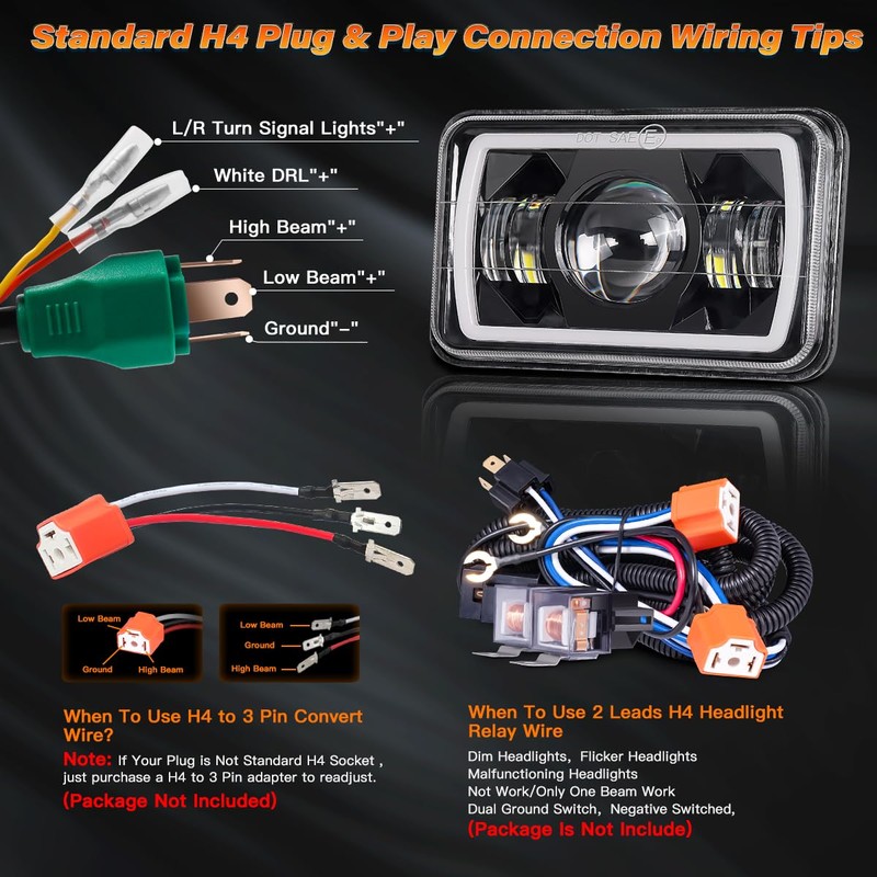 BAOLICY 4x6In LED Headlights DOT Approved 2PCS Hi/Low Beam White/Amber
