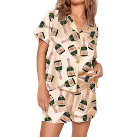 VKEGNIO Womens Pajamas Set Short Sleeve Button-Down 2 Piece PJ Set Lounge Sleepwear Cute Graphic Tees PJ Set (Large, Champagne)